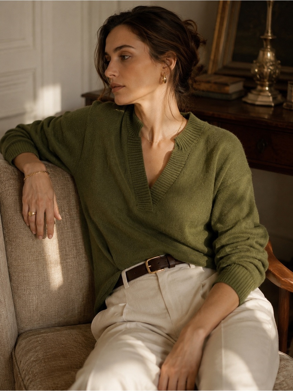 Vintage Dalton Cashmere 100% Cashmere Olive Green V-Neck Sweater Pullover M/L